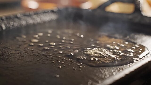 Closeup of oil sizzling on a hot griddle pan.