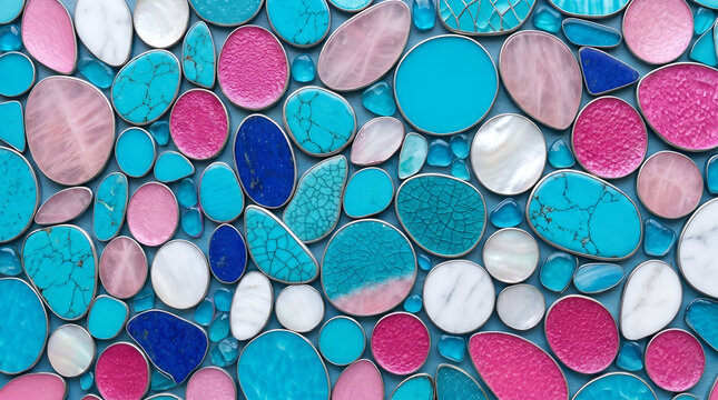 A seamless makeup texture background of colorful stones and rainbow eyeshadow powder palettes creates a beautiful closeup art design