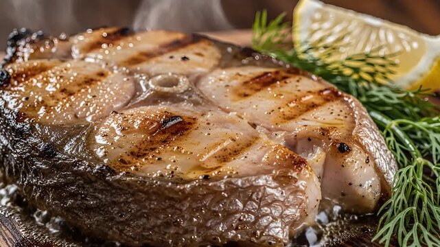 Delicious Grilled Fish Steak with Lemon and Dill Closeup.