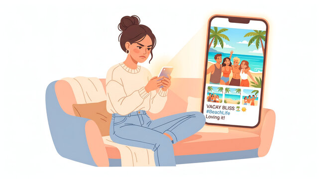 Jealous vector woman looking at social media vacation photos