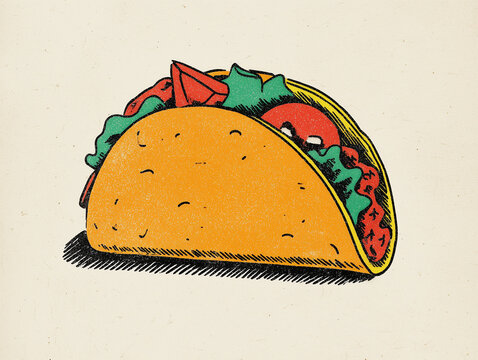 Vintage style hand-drawn illustration of a Mexican hard-shell taco loaded with ground beef, cheese, lettuce, and tomatoes on a cream background.