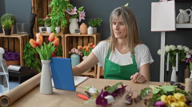 Woman florist raises fists at blue tablet in a flower shop studio while seated among vases and bouquets; joy small business success.