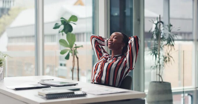 Business, relax and black woman with laptop, smile and finished project with break, internet and success. African person, pride and journalist in office, pc and breathing with completed assignment