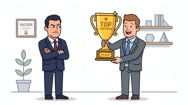 Jealous vector of angry office worker looking at successful colleague