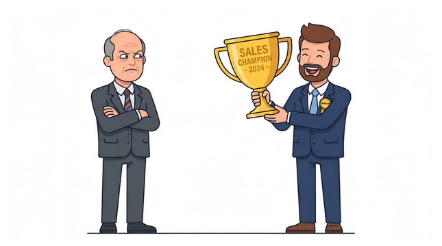 Jealous vector man looking at a winner holding a gold sales trophy