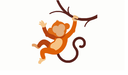 Hand drawn cartoon monkey hanging from tree branch playful vector illustration © MdRiazul