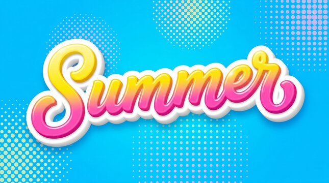 Summer typography text with a vibrant yellow to pink gradient, 3d effect, and a playful script font on a blue dotted background