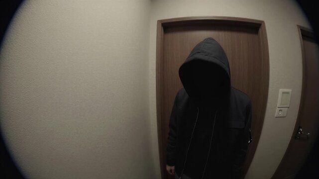 Suspicious Figure Seen Through Apartment Peephole, 4K, Seamless loop, Copy space on the left