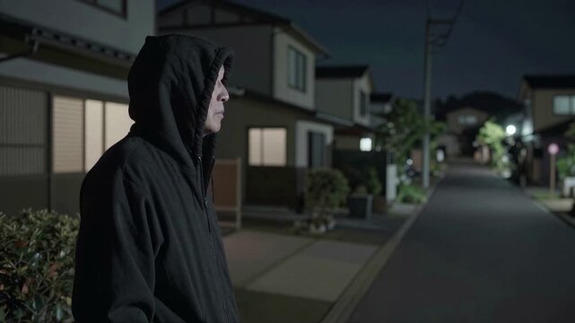 Suspicious Hooded Figure Scouting Around Elderly Japanese Home, 4K, Seamless loop, Copy space on the right