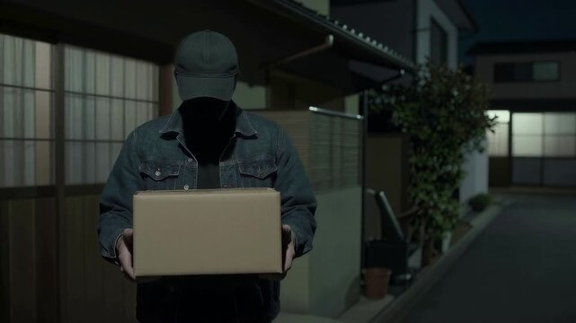 Suspicious Delivery-Style Figure Outside Japanese Home, 4K, Copy space on the right
