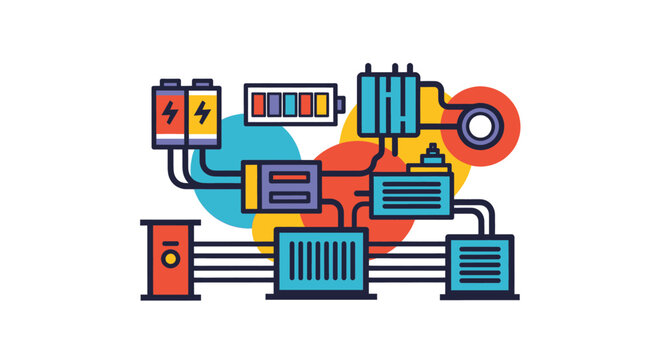 Colorful flat design illustration of interconnected electronic components and power systems, representing energy and technology.