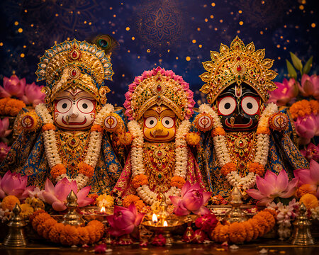 Jagannath Balabhadra Subhadra deities in ornate attire surrounded by lotus flowers and peacock