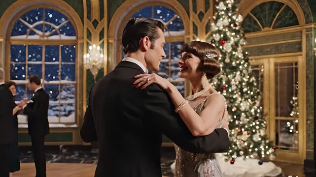 Elegant Couple Dancing at a Festive Holiday Ball in a Grand Ballroom.
