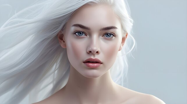 A beautiful woman with long white hair and blue eyes poses elegantly in a fantasy setting with hairstyle braids and floral accessories.