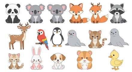 Fototapeta premium Collection of various cartoon animals in a flat illustration style