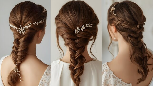 Elegant bridal hairstyles with pearl accessories on display