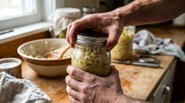 Person sealing jar of fermented vegetables