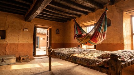 Fototapeta premium Rustic Mud House Bedroom Interior with Traditional Hammock