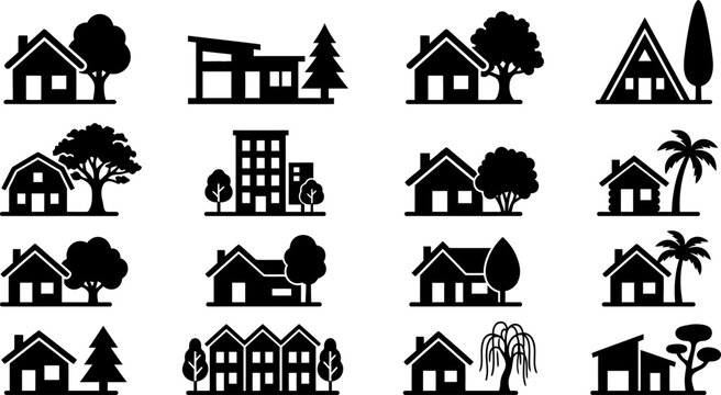 Set of numerous house and tree silhouettes on transparent background, depicting various architectural types and natural surroundings.
