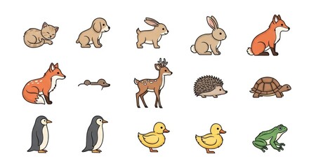 Obraz premium Set of various cartoon animals cat dog rabbit fox deer and more