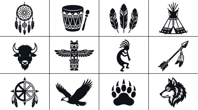 Twelve black and white native american icons showcasing tribal heritage and wildlife arts.
