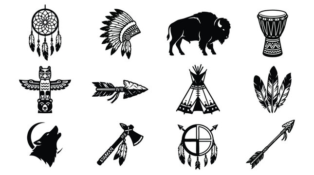 Set of twelve native american tribal graphics featuring animals weapons and home dwellings.