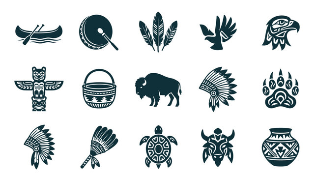 Collection of fifteen native american tribal icons featuring cultural symbols and animals.