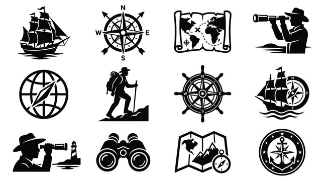 Set of black and white sailing and exploration icons isolated on white background.