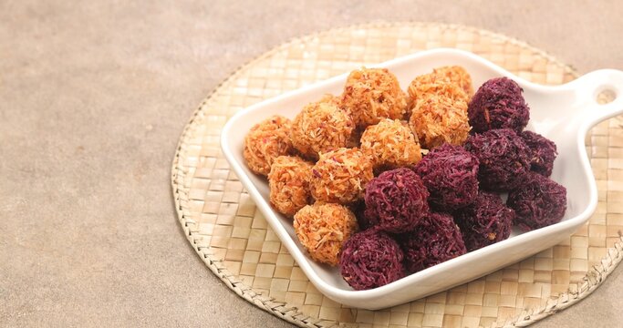 grubi kremes ubi made from crispy fried sweet potato strands coated with caramelized palm sugar syrup