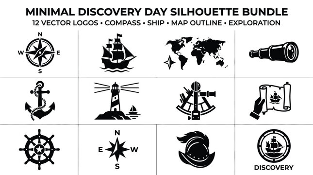 Minimal discovery day silhouette bundle set of 12 vector logos isolated on white.