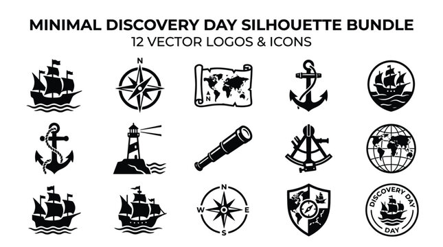 Minimal discovery day silhouette bundle 12 vector logos and icons on white.