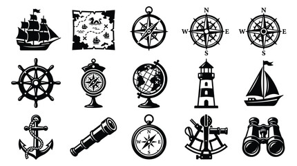 Exploration theme icon set with nautical equipment and vintage maritime travel symbols. © Tuli