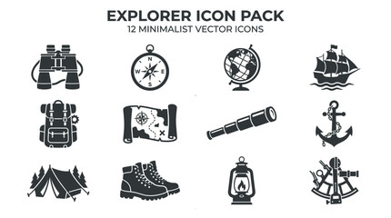 Explorer icon pack with twelve minimalist vector icons for adventure and travel themes. © Tuli