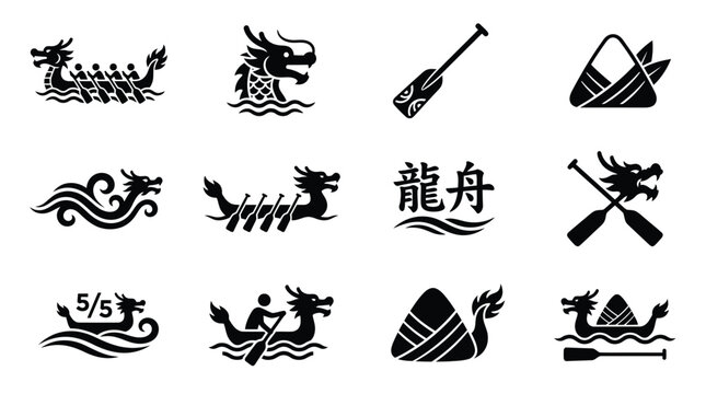 Set of twelve black and white dragon boat festival icons with zongzi and paddles.