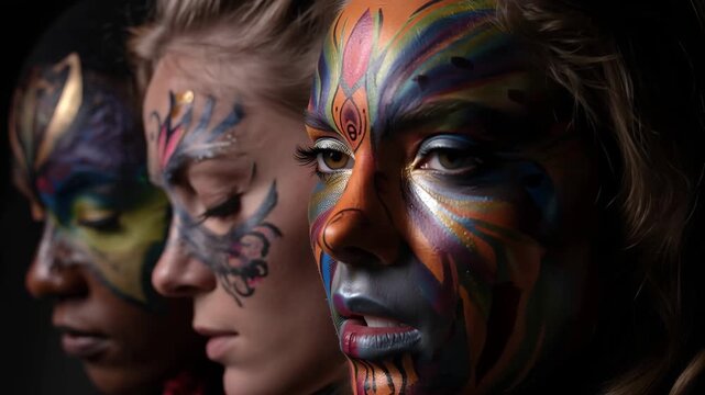 Painted faces with tribal patterns in profile dramatic studio lighting a symbolic exploration of identity and connection