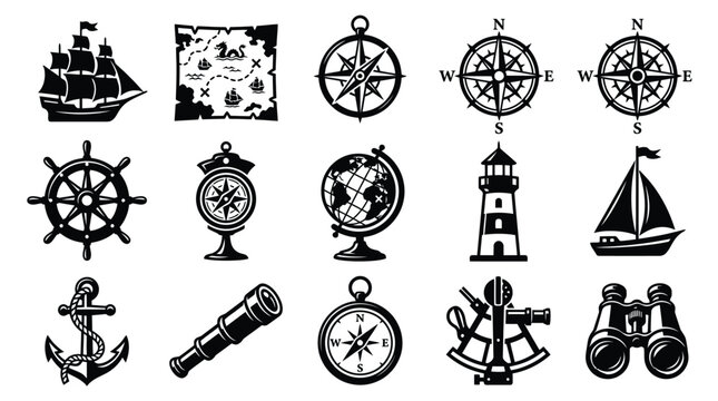 Exploration theme icon set with nautical equipment and vintage maritime travel symbols.