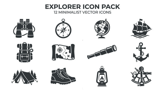 Explorer icon pack with twelve minimalist vector icons for adventure and travel themes.