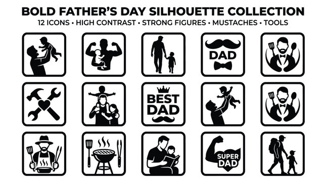 Father day silhouette badge collection with grill master cooking and parenting imagery.