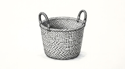Obraz premium Grayscale Hand-Drawn Woven Basket Illustration with Handles