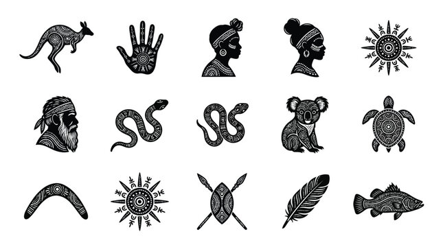 Collection of black silhouettes featuring aboriginal australian cultural art motifs set.