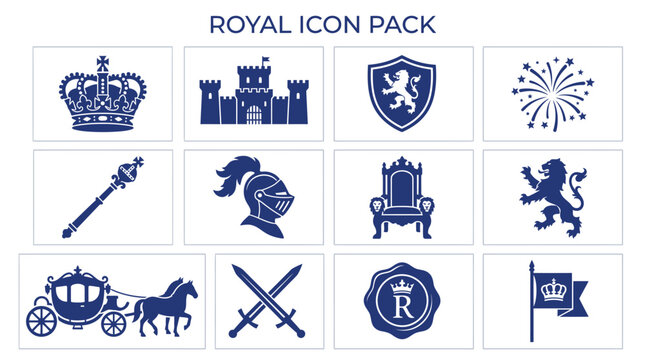 Blue royal icon pack for historical theme design and luxury event branding assets set.