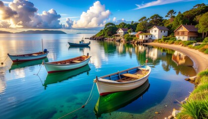 Fototapeta premium Sustainable Coastal Village with Traditional Fishing Boats on Calm Water