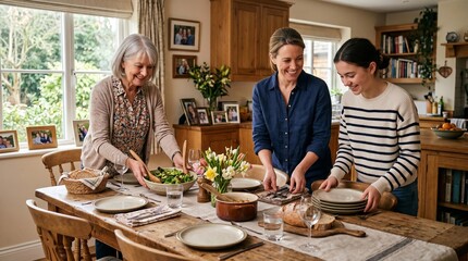 Fototapeta premium Family members prepare dinner together in a cozy kitchen setting during the evening hours