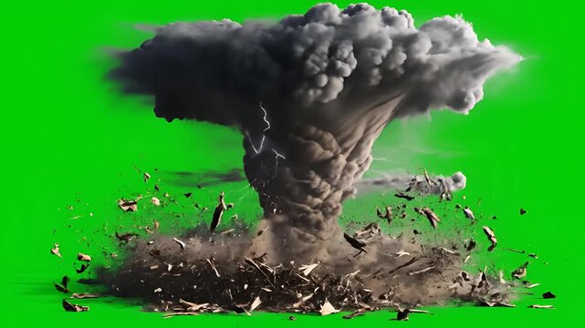 Massive Mushroom Cloud Explosion with Debris Flying Green Screen.