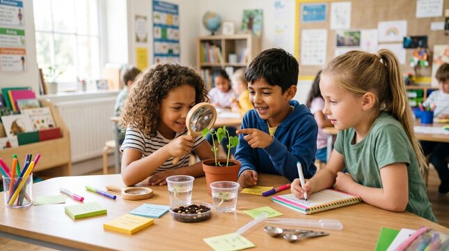 Children engage in learning about plants in a classroom setting while observing and discussing their growth together