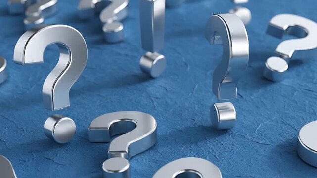 Numerous Silver Question Marks Floating on Blue Textured Background.