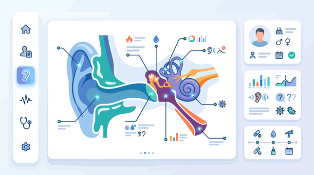 Detailed illustration of the human ear's anatomy and auditory system, highlighting key components and functions for medical education and understanding