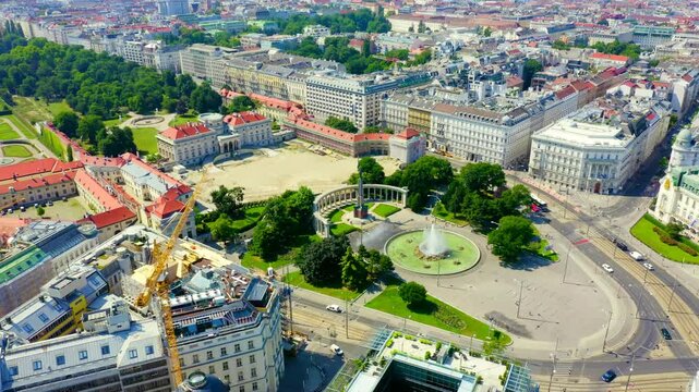 Vienna, Austria. Heldendenkmal der Roten Armee, Drone footage of the curved white marble colonnade, central obelisk with Red Army soldier statue, and Hochstrahlbrunnen fountain under clear summer sky