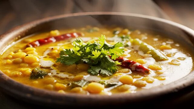 Steaming Bowl of Indian Dal Tadka with Fresh Coriander and Red Chilies.