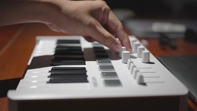 Close Up View of Musician Hands Playing and Composing Music on a White Mini MIDI Keyboard Controller